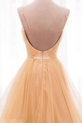 Pleated Dress, Gold V-Neck Tulle Long Prom Dress, A-Line Evening Dress