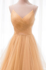 Princess Prom Dress, Gold V-Neck Tulle Long Prom Dress, A-Line Evening Dress