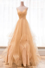 Stunning Dress, Gold V-Neck Tulle Long Prom Dress, A-Line Evening Dress