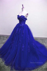 Evening Dresses Yde, Gorgeous Blue Lace Floral Long Prom Dress, Blue Appliques Formal Evening Dress, Blue Ball Gown