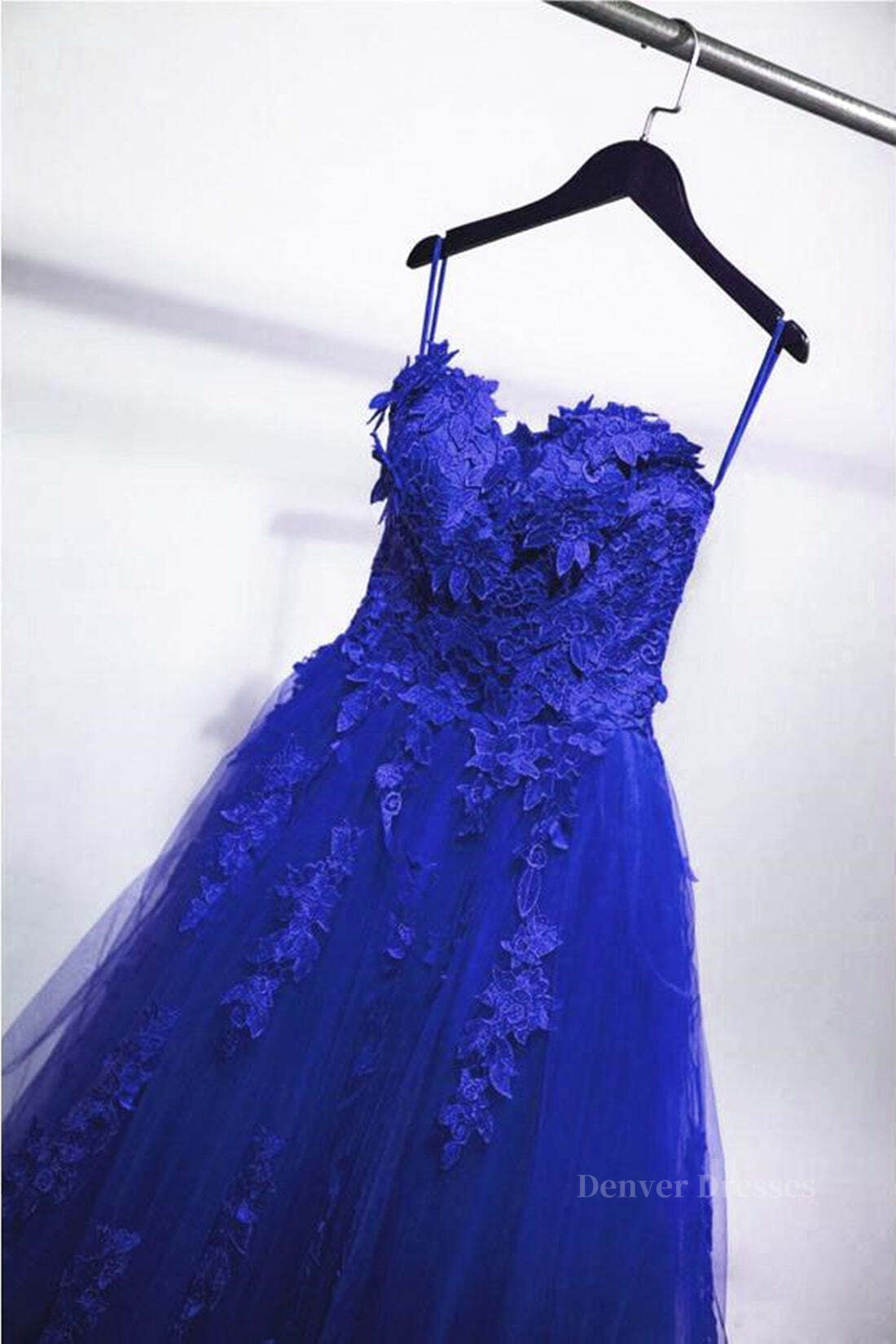 Evening Dress Yde, Gorgeous Blue Lace Floral Long Prom Dress, Blue Appliques Formal Evening Dress, Blue Ball Gown
