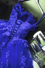 Evening Dress Shopping, Gorgeous Blue Lace Floral Long Prom Dress, Blue Appliques Formal Evening Dress, Blue Ball Gown
