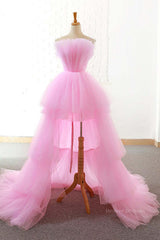 Bridesmaid Dresses Red, Gorgeous High Low Pink Tulle Long Prom Dresses, Pink Tulle Formal Graduation Evening Dresses