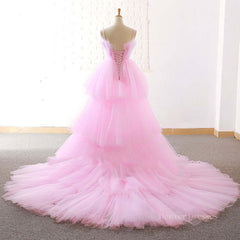Bridesmaid Dress Shop, Gorgeous High Low Pink Tulle Long Prom Dresses, Pink Tulle Formal Graduation Evening Dresses