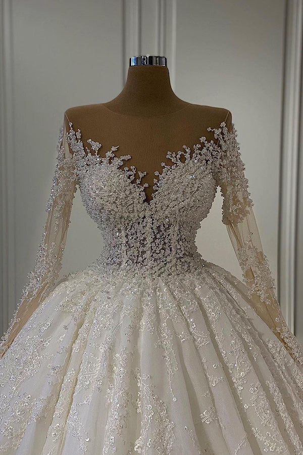 Wedding Dresses Straps, Gorgeous Lace Long Sleeve Beads Ball Gown Wedding Dress