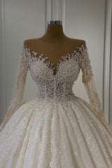 Wedding Dresses Straps, Gorgeous Lace Long Sleeve Beads Ball Gown Wedding Dress