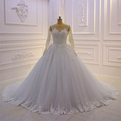 Wedding Dress Spring, Gorgeous Long A-Line Bateau Pearl Tulle Appliques Lace Wedding Dress with Sleeves