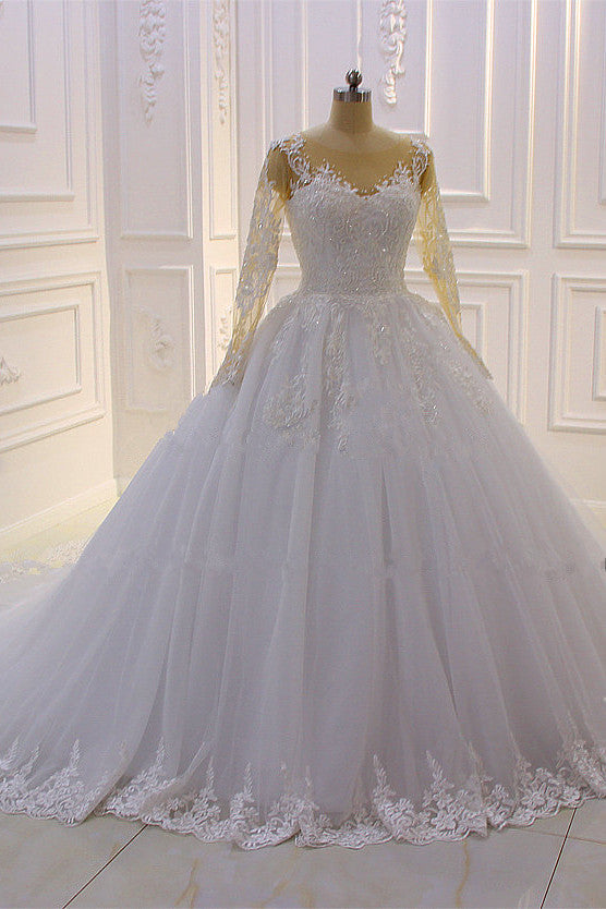 Wedding Dress Outlets, Gorgeous Long A-Line Bateau Pearl Tulle Appliques Lace Wedding Dress with Sleeves