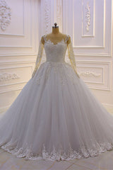 Wedding Dresses For Bride 2027, Gorgeous Long A-Line Bateau Pearl Tulle Appliques Lace Wedding Dress with Sleeves