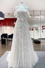 Wedding Dress Diet, Gorgeous Long A-line Off-the-shoulder Tulle Appliques Lace Wedding Dress