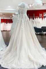 Wedding Dress Sleeves Lace, Gorgeous Long A-line Off-the-shoulder Tulle Lace Ruffles Wedding Dress