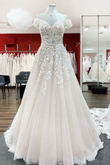 Wedding Dresses Tulle Lace, Gorgeous Long A-line Off-the-shoulder Tulle Lace Ruffles Wedding Dress