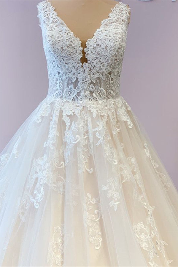 Wedding Dresses Lace Sleeve, Gorgeous Long A-Line Tulle Wedding Dress With Appliques Lace