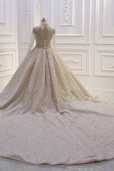 Wedding Dresses Sleeve, Gorgeous Long High neck Sequin Satin Ball Gown Wedding Dress with Sleeves