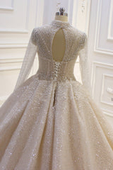 Wedding Dress Sleevs, Gorgeous Long High neck Sequin Satin Ball Gown Wedding Dress with Sleeves