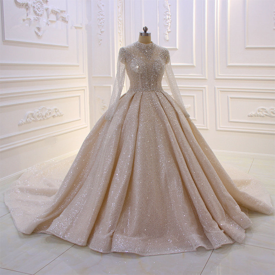 Weddings Dresses Fall, Gorgeous Long High neck Sequin Satin Ball Gown Wedding Dress with Sleeves