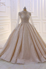 Wedding Dresses Sleeved, Gorgeous Long High neck Sequin Satin Ball Gown Wedding Dress with Sleeves