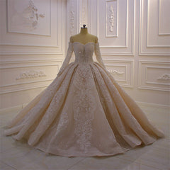 Wedding Dresses Summer, Gorgeous Long Sleeve Off the Shoulder Appliques Lace Ball Gown Wedding Dress