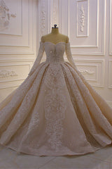 Wedding Dresses Accessories, Gorgeous Long Sleeve Off the Shoulder Appliques Lace Ball Gown Wedding Dress