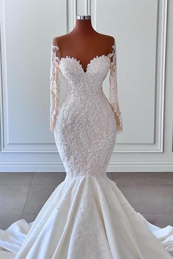 Weddings Dresses Lace Simple, Gorgeous Long Sleeves White Mermaid Bridal Dress Sweetheart Graden Wedding Dresses