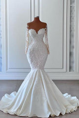 Wedding Dresses Lace Simple, Gorgeous Long Sleeves White Mermaid Bridal Dress Sweetheart Graden Wedding Dresses