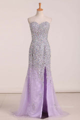 Prom Dresses Chiffon, Gorgeous Mermaid Strapless Purple Beaded Long Prom Dresses, Mermaid Purple Beaded Formal Evening Dresses, Purple Ball Gown