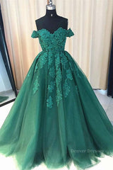 Formal Dresses For Sale, Gorgeous Off Shoulder Green Lace Long Prom Dresses, Green Lace Formal Evening Dresses, Green Ball Gown