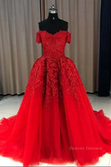 Prom Dresses Backless, Gorgeous Off Shoulder Red Lace Long Prom Dresses, Red Lace Formal Evening Dresses, Red Ball Gown