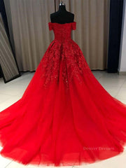 Prom Dress 2050, Gorgeous Off Shoulder Red Lace Long Prom Dresses, Red Lace Formal Evening Dresses, Red Ball Gown