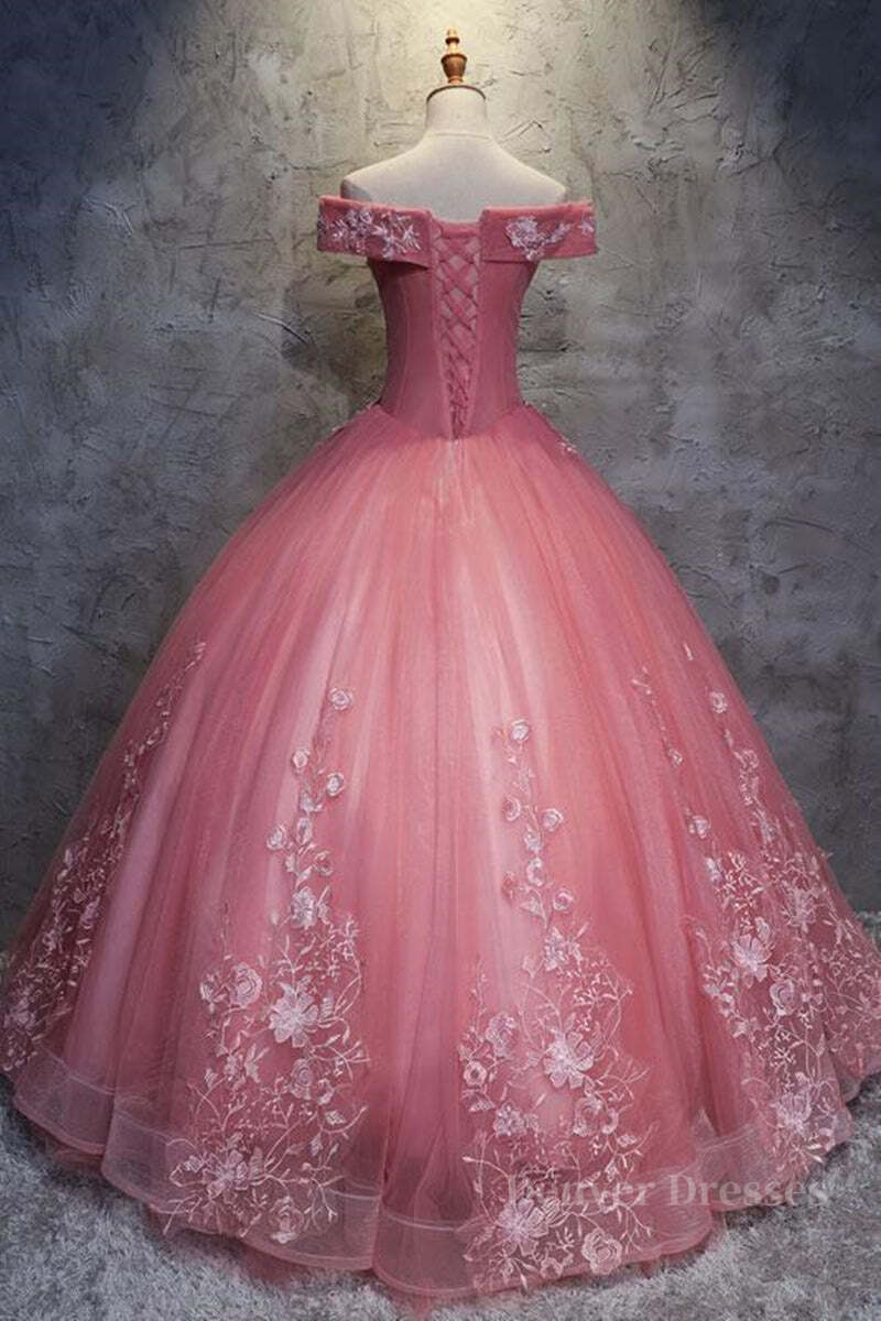 Party Dress Code Idea, Gorgeous Off the Shoulder Pink Lace Appliques Long Prom Dress, Off Shoulder Pink Formal Dress, Pink Evening Dress, Ball Gown