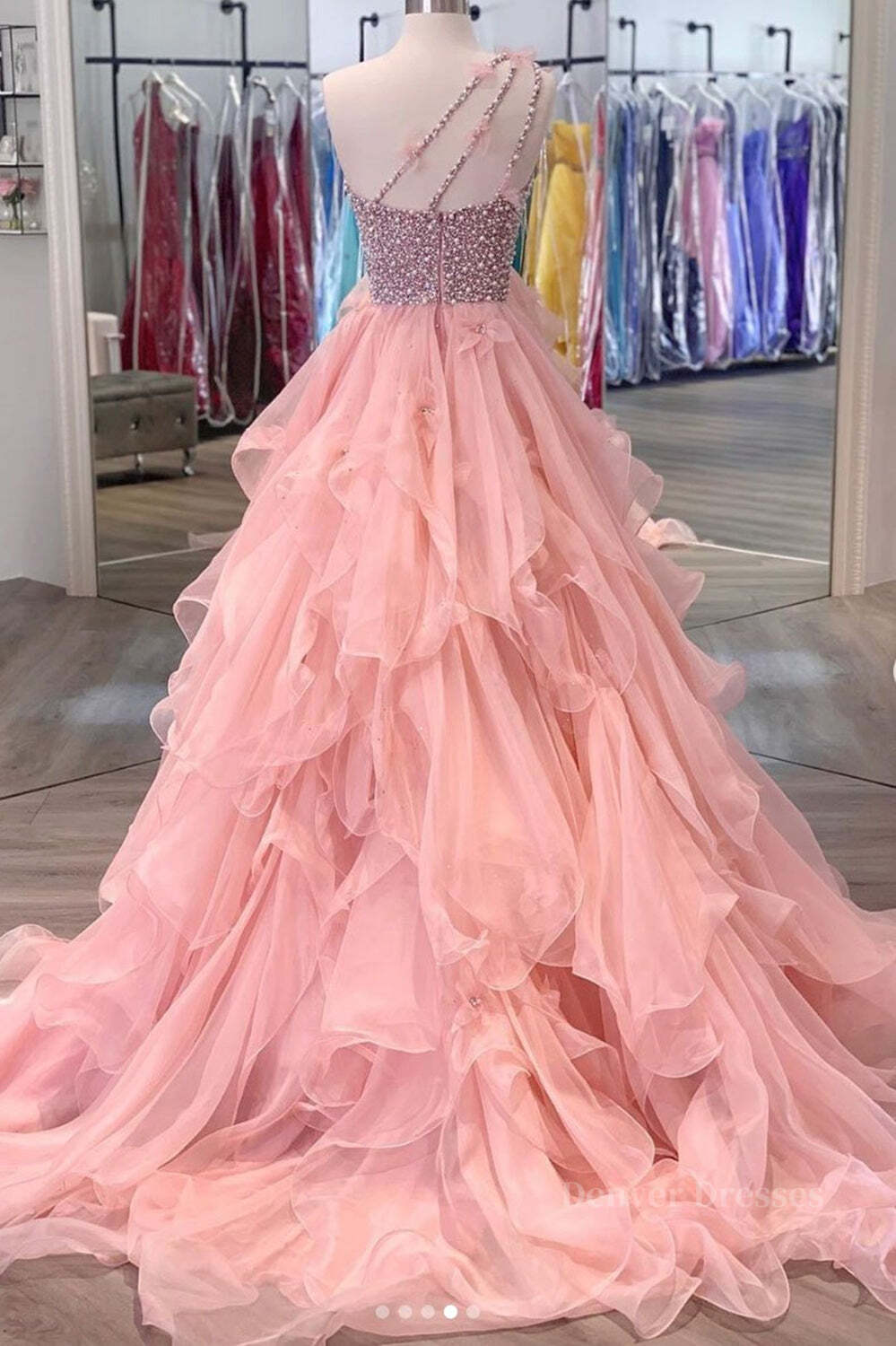 Homecoming Dresses Lace, Gorgeous One Shoulder Beaded Pink Long Prom Dresses, Fluffy Pink Formal Evening Dresses, Beaded Ball Gown