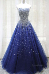 Party Dress Couple, Gorgeous Strapless Blue Tulle Beaded Long Prom Dresses, Beaded Blue Formal Evening Dresses, Beaded Ball Gown