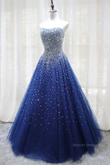 Winter Dress, Gorgeous Strapless Blue Tulle Beaded Long Prom Dresses, Beaded Blue Formal Evening Dresses, Beaded Ball Gown