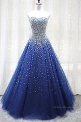 Party Dress Pattern Free, Gorgeous Strapless Blue Tulle Beaded Long Prom Dresses, Beaded Blue Formal Evening Dresses, Beaded Ball Gown