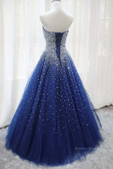 Party Dress Pattern, Gorgeous Strapless Blue Tulle Beaded Long Prom Dresses, Beaded Blue Formal Evening Dresses, Beaded Ball Gown