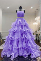 Bridesmaid Dress Inspo, Gorgeous Strapless Layered Purple Tulle Long Prom Dresses with Belt, Purple Formal Evening Dresses, Purple Ball Gown