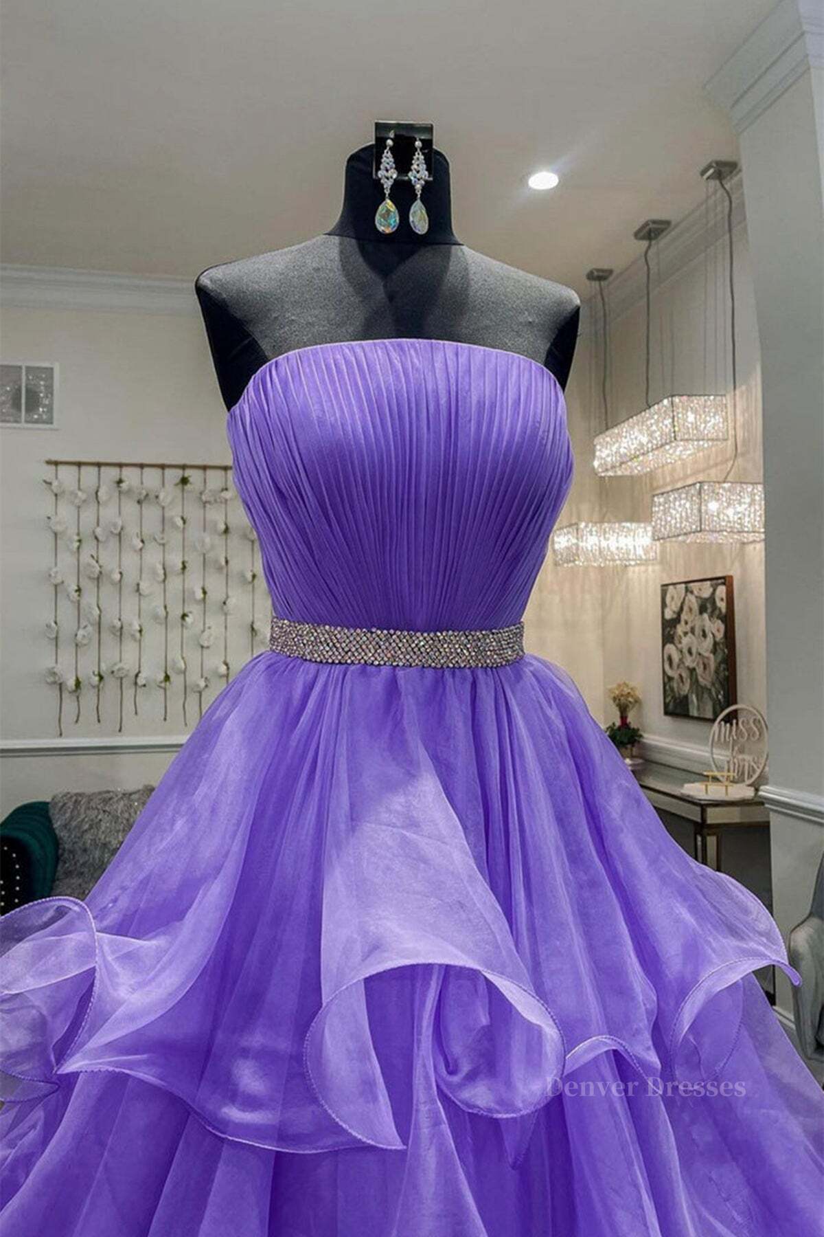 Bridesmaid Dresses Neutral, Gorgeous Strapless Layered Purple Tulle Long Prom Dresses with Belt, Purple Formal Evening Dresses, Purple Ball Gown