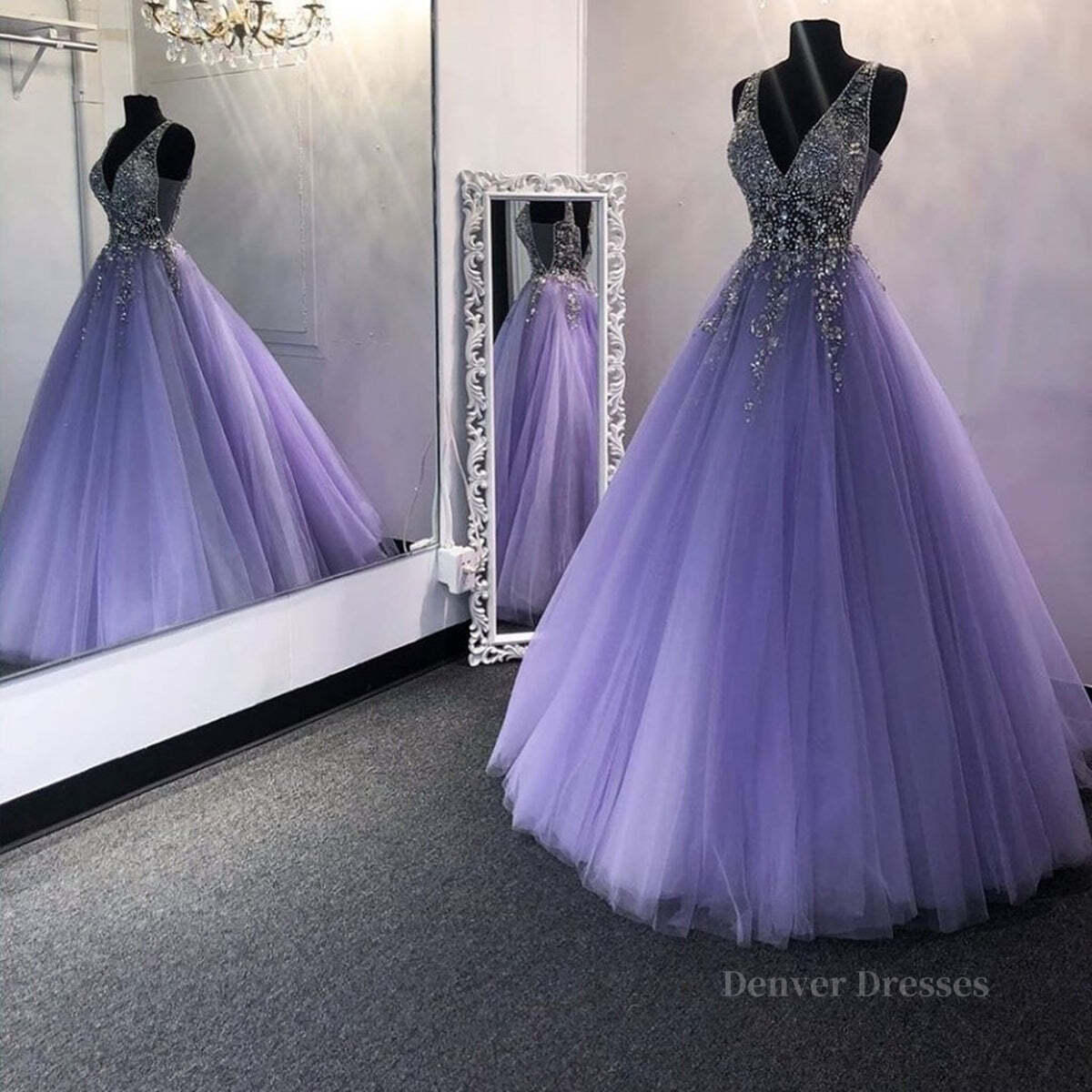 Party Dress Mid Length, Gorgeous V Neck Beaded Purple Tulle Long Prom Dress, V Neck Purple Formal Evening Dress, Purple Ball Gown