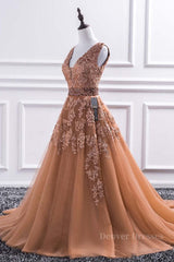 Stylish Outfit, Gorgeous V Neck Champagne Lace Long Prom Dress, Champagne Lace Formal Graduation Evening Dress