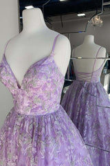 Prom Ideas, Gorgeous V Neck Thin Straps Purple Long Prom Dress, V Neck Purple Formal Evening Dress, Purple Ball Gown