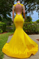 Sweet 32 Dress, Gorgeous Yellow Long Mermaid Tassel Off the Shoulder Satin Backless Prom Dress with Ruffles