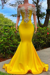 Red Carpet Dress, Gorgeous Yellow Long Mermaid Tassel Off the Shoulder Satin Backless Prom Dress with Ruffles