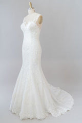 Wedding Dress For Bridesmaid, Graceful Illusion Appliques Mermaid Wedding Dress