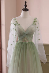 Party Dress Brands Usa, Gradient Tulle Green Long Sleeves Party Dress, Green Evening Formal Dresses