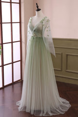 Party Dress Pinterest, Gradient Tulle Green Long Sleeves Party Dress, Green Evening Formal Dresses