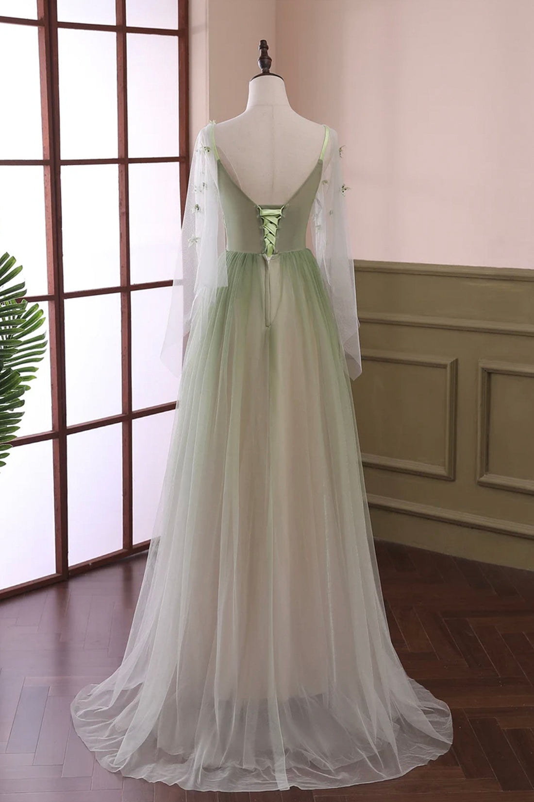 Party Dress Prom, Gradient Tulle Green Long Sleeves Party Dress, Green Evening Formal Dresses