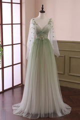 Party Dress And Style, Gradient Tulle Green Long Sleeves Party Dress, Green Evening Formal Dresses