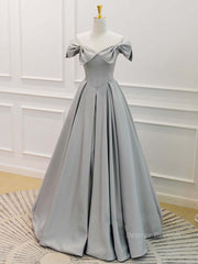 Bridesmaid Dresses Red, Gray A-Line Satin Long Prom Dress, Gray Formal Evening Dress
