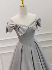 Bridesmaid Dress Shop, Gray A-Line Satin Long Prom Dress, Gray Formal Evening Dress