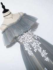 Evening Dress For Party, Gray Blue A line Tulle Lace Long Prom Dress, Gray Blue Graduation Dresses